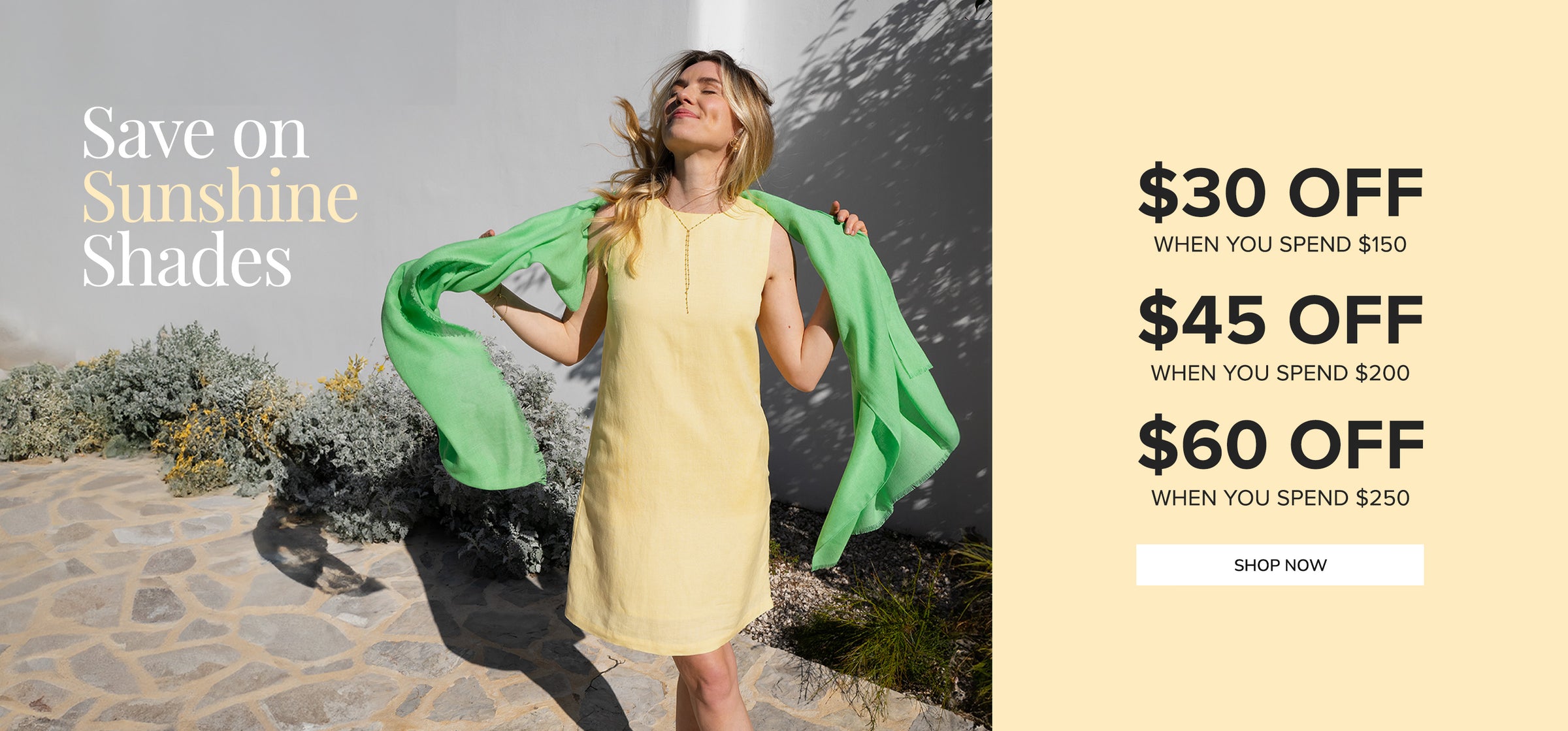 Woman holding a green scarf with promotional text on a scenic background