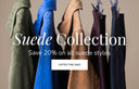 A promotional banner showing a collection of hanging suede jackets in multiple colors, including olive green, royal blue, tan, dark purple, and black, with text overlays reading 'Suede Collection' and 'Save 20% on all suede styles'.